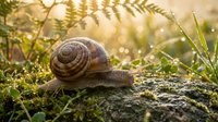 Garden snail crawling on moss-covered stone in golden morning sunlight with ferns and grass creating natural bokeh background for nature photography.