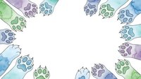 Colorful watercolor dog paw prints forming circular border frame on white background for pet care designs and animal lover projects.
