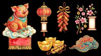 Festive lunar new year clipart set with pig, lanterns, firecrackers, gold ingots, cherry blossoms, and clouds, isolated on transparent background, ready for T-shirts and print on demand.