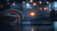 Finger touching smartphone screen with glowing heart and magical sparkles emerging in dark atmosphere with bokeh lights, representing digital love connection.