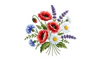 Wildflower bouquet with red poppies, white daisies, blue cornflowers and purple lavender isolated on white background for floral design projects.