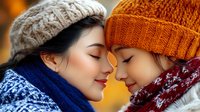 Asian mother and daughter in winter knit hats and scarves share tender moment against warm autumn background, expressing family love and connection.