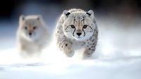 Cheetah running through snow with arctic fox in background during winter hunt showcasing wildlife predator speed and agility in cold environment.