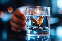 Golden leaves floating in clear water glass with bokeh background creates atmospheric mood for wellness, spa, and meditation concepts.