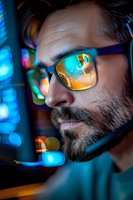 Caucasian male programmer with beard and glasses illuminated by vibrant blue computer screen light, reflecting technology interface in eyewear. Professional portrait.