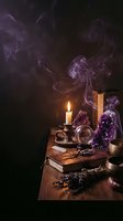 Mystical witch altar with burning candle, amethyst crystals, old books and magical smoke swirling in dark atmospheric setting for occult practices.