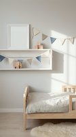 Minimalist nursery interior with wooden toddler bed, colorful bunting flags, floating shelves and natural light creating cozy children bedroom atmosphere.
