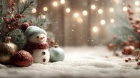 Festive Christmas snowman decoration with ornaments, pine branches and warm bokeh lights creating cozy holiday atmosphere for seasonal greeting cards.