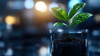 Young green plant growing in glass jar with soil on dark blue background with bokeh lights, symbolizing growth, sustainability and new beginnings.