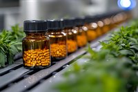 Amber glass bottles with pills on laboratory table surrounded by green cannabis plants in pharmaceutical research facility for medical marijuana production.
