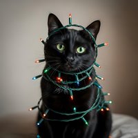 Black cat wearing colorful illuminated string lights and garland around head and neck, festive holiday decoration, studio portrait with neutral background.