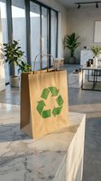 Eco-friendly kraft paper shopping bag with green recycling symbol in modern sustainable retail store interior for environmentally conscious business branding.