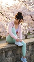 Young woman of East Asian descent wearing athletic attire sitting on stone wall surrounded by blooming cherry blossoms during spring season, suitable for wellness, fitness, lifestyle and seasonal marketing campaigns.