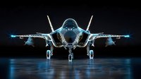 Futuristic military jet fighter with glowing wireframe blueprint overlay on dark background, showcasing advanced aerospace technology and digital design.