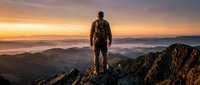 Male hiker in backpack stands on mountain peak at sunrise, overlooking misty valleys and distant ridges. Adventure and outdoor exploration concept.