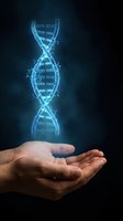 Glowing blue DNA double helix floating above cupped hands representing genetic research, biotechnology innovation and medical science breakthroughs.