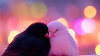 Two love birds snuggling together against blurred bokeh lights background, black and white doves showing affection and tenderness in romantic mood.