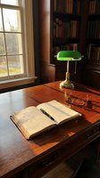 Classic home office study with vintage banker lamp, open book and reading glasses on wooden desk surrounded by library bookshelves for academic research workspace.