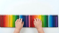 Child hands reaching for colorful pencils arranged in rainbow pattern on white background. Art supplies for creative drawing and educational activities.