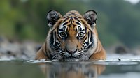 Young Bengal tiger swimming in water, close-up portrait showing intense blue eyes and wet striped face. Natural habitat scene with blurred background.