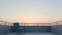 Solitary chair on rooftop terrace at sunset with metal railing and minimalist urban landscape, suitable for conceptual and lifestyle design projects.