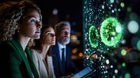 Diverse business team analyzing glowing green holographic data visualization with particles and bokeh effects in dark office environment.