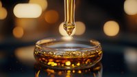 Golden drop of essential oil falling into glass container with amber liquid against blurred warm bokeh background, macro photography closeup view.