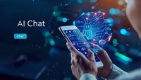 Smartphone displaying holographic AI chat interface with glowing neural network and digital connections emerging from screen in blue tech environment.
