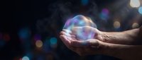 Hands holding iridescent soap bubble with bokeh lights in dark background, symbolizing fragility, care, dreams, and magical moments for conceptual designs.