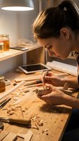 Woman woodcarver working on wooden craft at desk with tools, chisels, and shavings under warm lamp lighting in studio workspace.