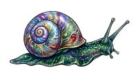 Colorful garden snail with spiral shell featuring purple, blue, and gold tones, isolated on white background, suitable for clipart, t-shirt designs, and educational materials.