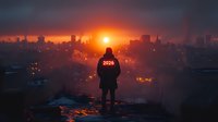 Silhouette of person wearing 2026 jacket overlooking urban cityscape during dramatic orange sunset, dystopian atmosphere with dark moody sky and glowing horizon.