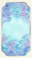 Watercolor frame with swirling clouds in soft blue and purple tones, Asian-inspired ornamental border with empty center for text or design.