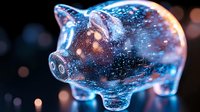 Glass piggy bank with cosmic galaxy pattern inside glowing on dark background with bokeh lights, symbolizing financial savings and investment growth.
