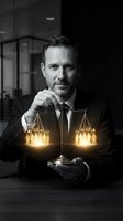 Professional middle-aged Caucasian lawyer in suit holding glowing golden scales of justice in modern office setting for legal services and law firm branding.