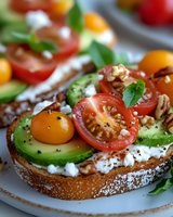Open-faced sandwich with avocado, cherry tomatoes, feta cheese and nuts on toasted bread. Fresh herbs and black pepper garnish create appetizing breakfast.