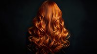 Luxurious copper red wavy hair with glossy curls flowing against dark background showcasing vibrant auburn highlights and salon-quality styling for beauty concepts.