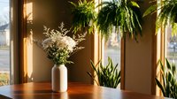 Sunlit modern interior with lush green plants and white vase on wooden table creating warm cozy atmosphere for home decor and lifestyle content.