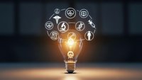 Glowing light bulb with floating medical healthcare icons representing innovation in medicine and digital health technology solutions.