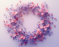 Delicate floral wreath with pink cherry blossoms and purple wildflowers arranged in circular composition against soft purple background. Romantic spring decor.