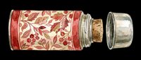 Decorative glass bottle with cork stopper featuring red floral pattern on cream background, isolated on transparent background. Ready for clipart, print-on-demand, sublimation, t-shirt design, and craft projects.