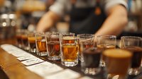 Lineup of whiskey shots on wooden bar counter with bartender preparing tasting flight. Amber liquid in crystal glasses creates warm atmosphere in pub setting.