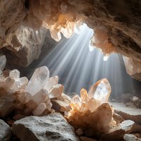 Sunlight beams illuminate crystal formations in mystical underground cave with dramatic light rays creating magical atmosphere for spiritual healing concepts.