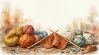 Colorful yarn balls, knitting needles, and fabric swatches arranged with buttons and thread on neutral background for craft and hobby projects.
