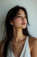 Young Asian woman with flowing black hair in white top gazing upward with natural makeup and soft lighting, expressing contemplative emotion against neutral background.