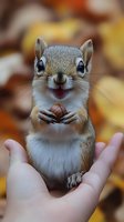 Adorable chipmunk with bright blue eyes holding acorn while sitting in human palm against autumn background, expressing joy with open mouth and happy expression.