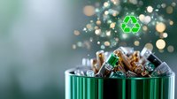 Batteries in green recycling container with glowing recycle symbol and bokeh lights, highlighting environmental responsibility and sustainable waste management.