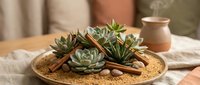 Succulent garden arrangement with decorative stones and cinnamon sticks in ceramic bowl on wooden table for home decor and interior design projects.