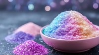 Colorful bath salts in pink ceramic bowl with rainbow gradient from blue to purple and gold. Spa aromatherapy crystals on dark background with bokeh lights.