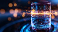 Glowing cylindrical hologram with futuristic data visualization elements against dark background with bokeh lights, representing digital technology and innovation.